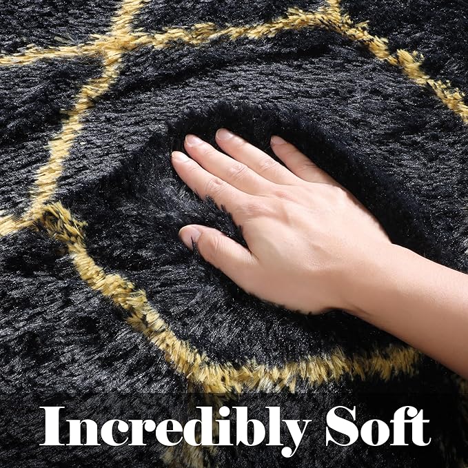 ONASAR 6x9 Area Rugs for Living Room Bedroom, Washable Large Fluffy Black and Gold Throw Rug, Geometric Soft Plush Shaggy Fuzzy Floor Carpet for Nursery Kids Girls Boys Teen Dorm Home Office Decor