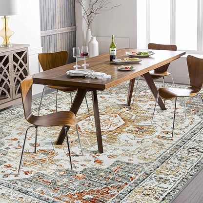 Moynesa Living Room Area Rug 9x12, Ultra-Thin Washable Large Rugs for Bedroom Under Dining Room Table, Vintage Oriental Medallion Printed Low Pile Carpet for Office Playroom Dorm, Beige/Gold
