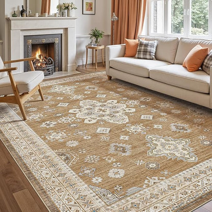 DEXI 8x10 Area Rug for Living Room, Washable Vintage Farmhouse Thin Rug Indoor Floor, Non Slip Stain Resistant Low Pile Carpet for Dining Room Bedroom Office, Light Brown