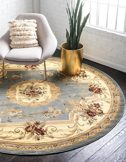 Rugs.com Chateau Collection Rug – 13' Round Light Blue Medium Rug Perfect for Kitchens, Dining Rooms