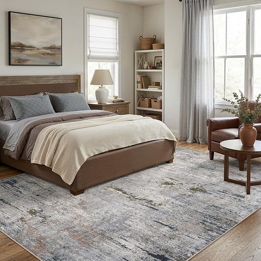 Area Rug Living Room Rugs - 5x7 Washable Large Soft Indoor Neutral Modern Abstract Low Pile Rug Carpet for Bedroom Dining Room Farmhouse Home Office - Blue/Grey/Brown