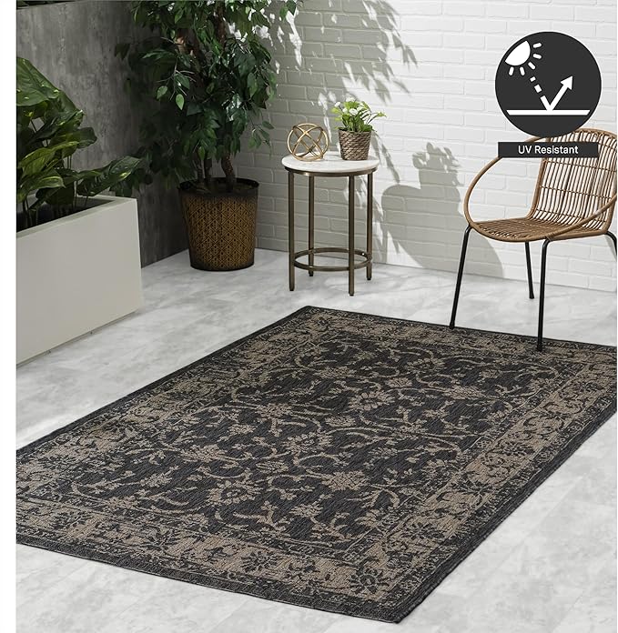 FH Home Outdoor Rug - Waterproof Easy to Clean Stain Resistant - Patio Indoor Outdoor Porch Deck Balcony Entryway - Vintage Distressed - Antalya - Gray - 5ft 2in x 7ft 6in