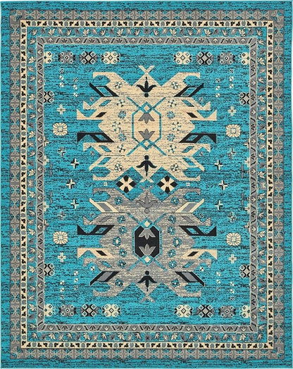 Unique Loom Taftan Collection Border Geometric Tribal Inspired Design Area Rug (8' 0 x 10' 0 Rectangular, Turquoise/ Gray)