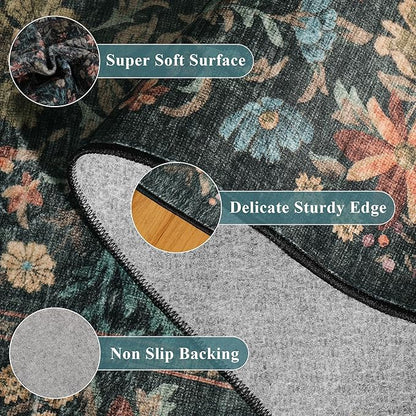 DUKINO 5x7 Area Rugs, Floral Washable Rugs for Bedroom with Non Slip Backing, Vintage Low Pile Indoor Floor Carpets for Bedroom, Living Room, Farmhouse, Home Office, Dining Room, Blue