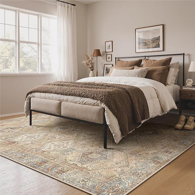 Bavni 6x9 Area Rugs for Living Room, Machine Washable Rug Non Slip, Vintage Chenille Distressed Print Carpet, Large Low Pile Ultra-Thin Lightweight Rugs for Bedroom, Dining Room, Office, Wood Brown