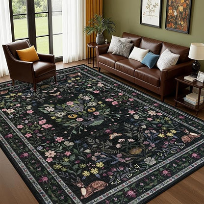 9x12 Area Rugs Living Room Rug: Vintage Washable Rug Floral Soft Carpet Indoor Floor Non-Slip Boho Stain Resistant Large Carpets for Bedroom Kids Nursery Dining Room Farmhouse Home Office Black/C02