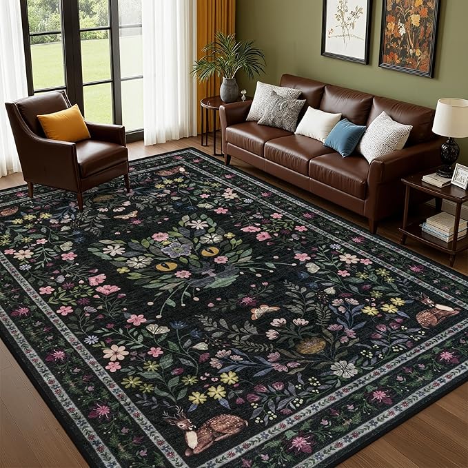 6x9 Area Rugs Living Room Rug: Vintage Washable Rug Floral Soft Carpet Indoor Floor Non-Slip Boho Stain Resistant Large Carpets for Bedroom Kids Nursery Dining Room Farmhouse Home Office Black/C02