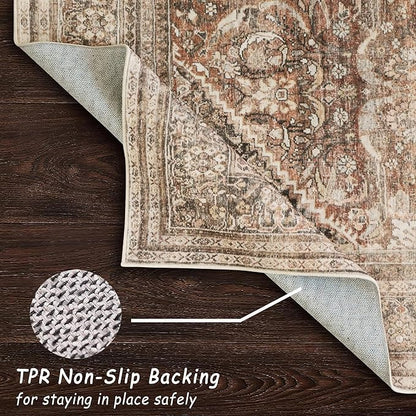 vivorug 5x7 Area Rugs - Ultra-Thin Washable Rug with Non-Slip Backing, Ideal for Living Room, Bedroom, Kitchen Floor Carpet - Vintage, Easy Clean, Durable, Earth Tone