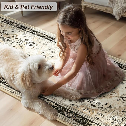 XWZO Washable Hallway Runner Rug 2x8ft — Non-Slip Low Pile Area Rug with Rubber Backing, Spill Resistant Soft Vintage Floor Carpet Runner for Kitchen Entryway Doorway Bedroom Corridor, Brown Beige