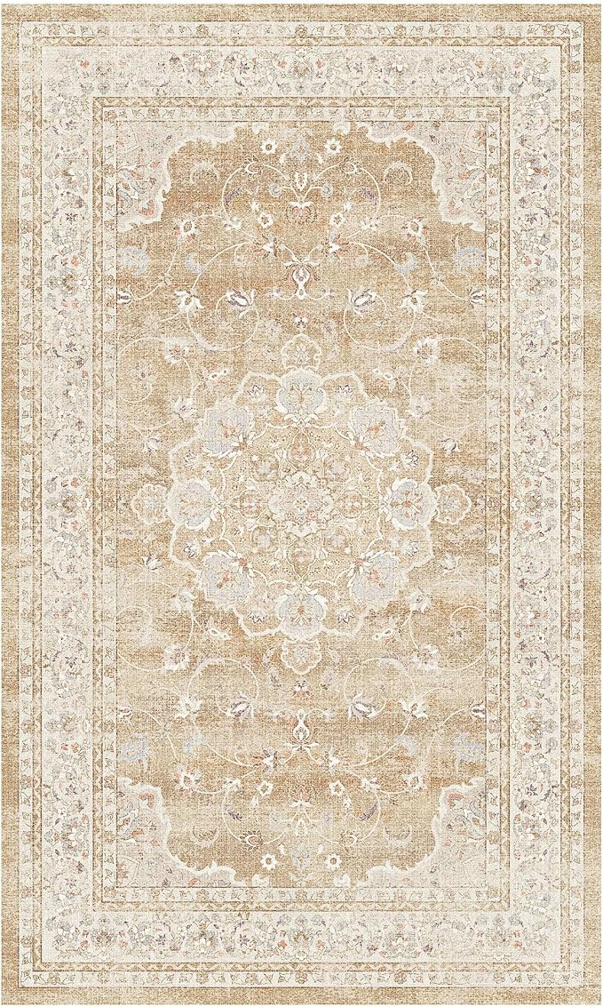 HUGEAR Machine Washable Area Rugs 3x5 Vintage Beige Brown Living Room Rug Neutral Style Non Slip Stain Resistant Low Pile Throw Carpet for Office Home Retro Aesthetic Modern Decor