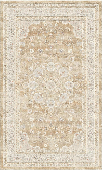 HUGEAR Machine Washable Area Rugs 3x5 Vintage Beige Brown Living Room Rug Neutral Style Non Slip Stain Resistant Low Pile Throw Carpet for Office Home Retro Aesthetic Modern Decor