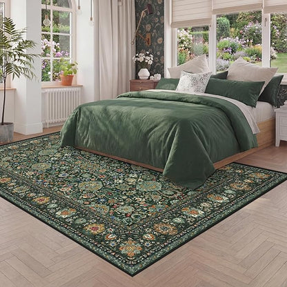 Dark Green Rug 4x6 Area Rug with Non-Slip Backing, Washable Rugs for Bedroom Living Room Kitchen, Distressed Carpet Printed Low-Pile Soft Dorm Rug Room Decor
