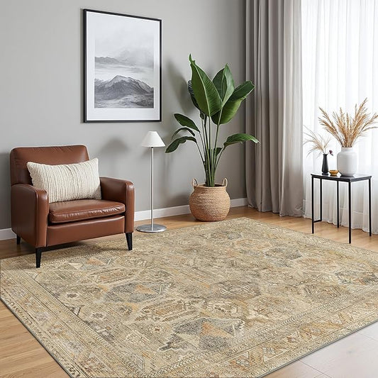 Bavni Washable Rug 3x5 Area Rug for Living Room Bedroom Dining, Washable Vintage Print Carpet, Ultra-Thin Chenille Low Pile Lightweight Rug with Non Slip Backing, Wood