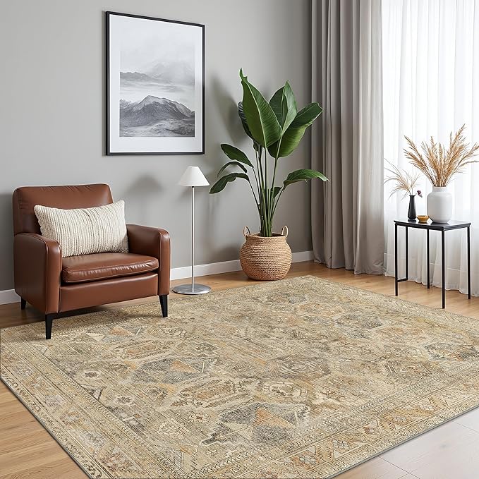Bavni Washable Rug 9x12 Area Rug for Living Room Bedroom Dining, Washable Vintage Print Carpet, Ultra-Thin Chenille Low Pile Lightweight Rug with Non Slip Backing, Wood