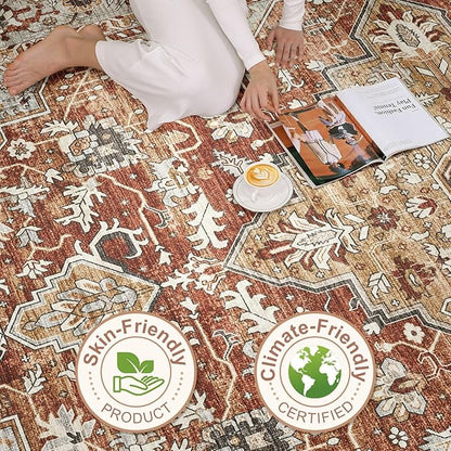 9x12 Area Rug Living Room: Machine Washable Boho Large Vintage Soft Rugs Stain Resistant Farmhouse Oriental Non Slip Indoor Floor Carpet for Bedroom Nursery Kids Playroom Office Dining Room- Red Brown