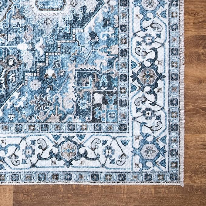 Bloom Rugs Caria Washable Non-Slip 7 ft Runner - Navy Blue Traditional Runner for Entryway, Hallway, Bathroom, and Kitchen - Exact Size: 2'6" x 7'