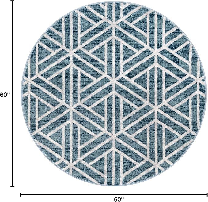Rugs.com Lattice Trellis Collection Rug – 5 Ft Round Blue Low-Pile Rug Perfect for Kitchens, Dining Rooms