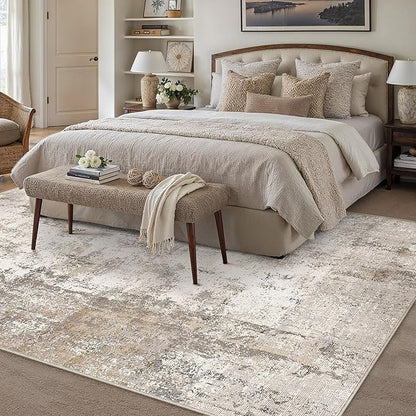 10x12 Area Rug Brown Grey Abstract Living Room Bedroom Washable Carpet Neutral Modern Non Slip Soft Low Pile Indoor Large Throw Rug for Dining Room Office