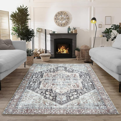 Bloom Rugs Washable Non-Slip 4' x 6' Rug - Charcoal/Brown Traditional Medallion Area Rug for Living Room, Bedroom, Dining Room, and Kitchen - Exact Size: 4' x 6'