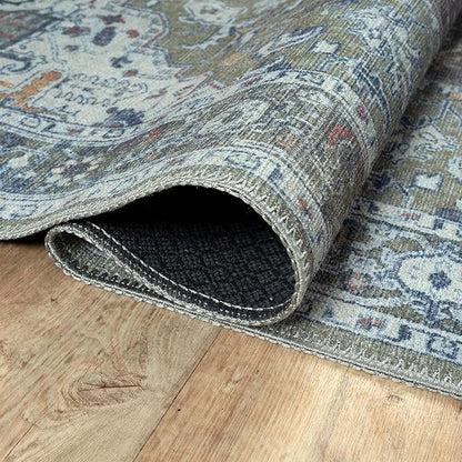 Bloom Rugs Washable Non-Slip 4' x 6' Rug - Green/Blue Traditional Medallion Area Rug for Living Room, Bedroom, Dining Room, and Kitchen - Exact Size: 4' x 6'