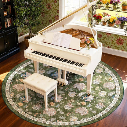 jinchan Elora 8ft Floral Round Rug for Dining Room Washable Living Room Rug Vintage Romance Design Non Slip Indoor Floor Cover Lightweight Low-Profile Throw Carpet for Bedroom Porch Patio, Green
