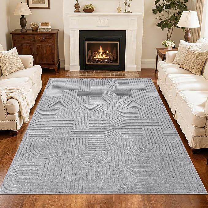 SHACOS Soft Cozy Fluffy Arch Pattern High Low Pile Area Rugs 6'x9' Large Non Slip Washable Modern Geometric Rug Scandinavian Minimalist Carpet for Living Room Bedroom Dining Room, Light Grey