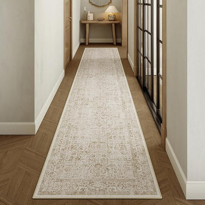 Light Brown Runner Rug 3x12 Hallway Machine Washable Kitchen Vintage Distressed Non Slip Long Carpet Indoor Retro Floral Bedroom Accent Throw Rug for Bathroom Office Laundry Dining Room