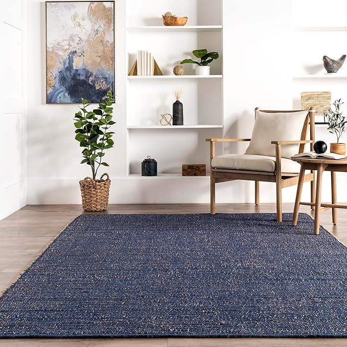nuLOOM 5x8 Elfriede Jute & Cotton Hand Woven Area Rug, Blue, Solid Rustic Farmhouse Style, Weaved Design, Natural Fiber, For Bedroom, Living Room, Dining Room, Hallway, Office, Entryway