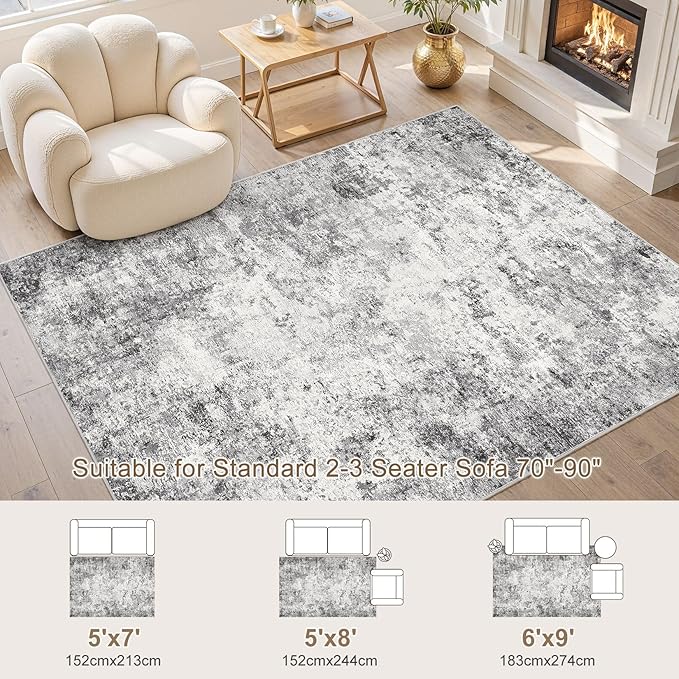 6x9 Area Rug Living Room Rugs - Washable Neutral Modern Abstract Soft Thin Rug Indoor Floor No Slip Rug Carpet for Bedroom Under Dining Table Home Office Decor - Grey