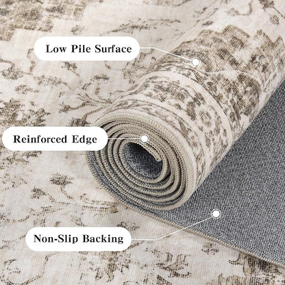 2x6 Hallway Washable Runner Rug Vintage Non-Slip Soft Kitchen Mat Boho Medallion Distressed Farmhouse Carpet Floral Low Pile Indoor Throw Rug for Entryway Bathroom Living Room Bedroom, Taupe
