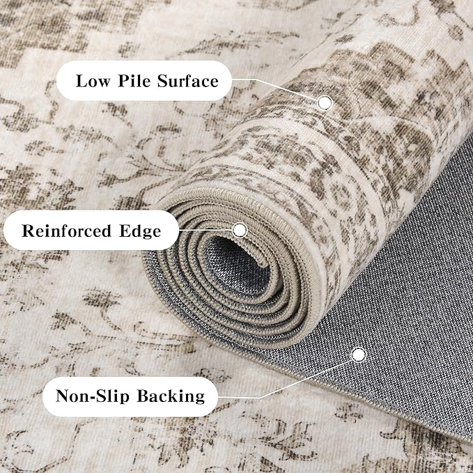 5x7 Vintage Washable Area Rugs Boho Medallion Large Distressed Retro Accent Carpet Floral Non-Slip Soft Low Pile Indoor Throw Rug for Living Room Bedroom Dining Room Office Kitchen, Taupe