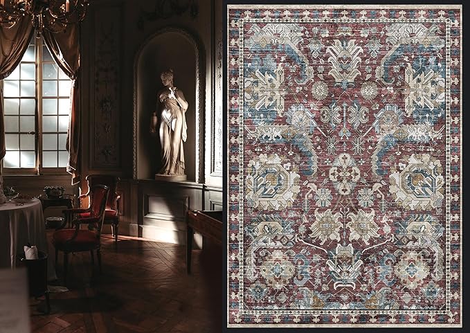 RUGSURE Washable Area Rugs - Perfect for Living Room, Bedroom, Kids Room, Nursery - Stain & Water Resistant Non-Slip, Pet & Child Friendly, Vintage Tribal Area Rugs (Rust and Blue, 5' x 7')