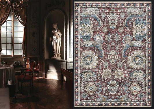 RUGSURE Washable Area Rugs - Perfect for Living Room, Bedroom, Kids Room, Nursery - Stain & Water Resistant Non-Slip, Pet & Child Friendly, Vintage Tribal Area Rugs (Rust and Bule, 9' x 12')