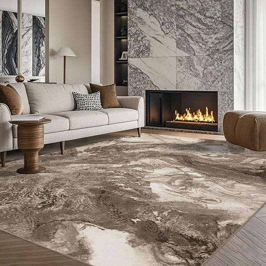 Abstract 5x7 Area Rugs: Modern Washable Rug for Living Room Bedroom Dining Room Indoor - Thin Low Pile Non-Slip Large Carpet - Beige Brown