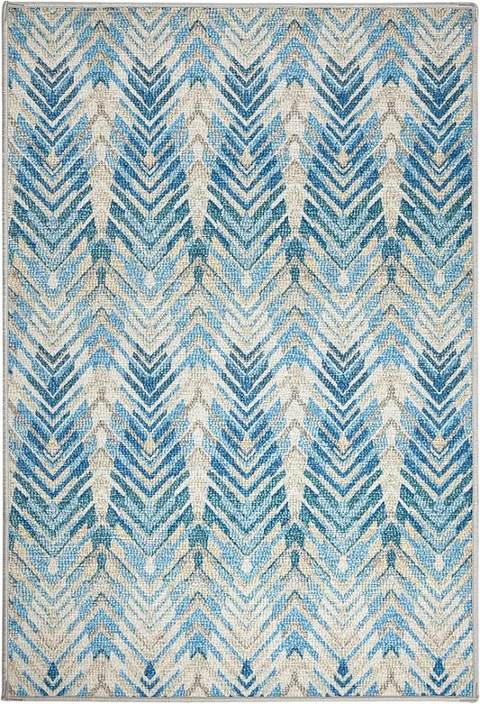 Dash & Albert Seneca Blue Machine Washable Rug, 4 X 6 Feet, Blue Graphic Pattern