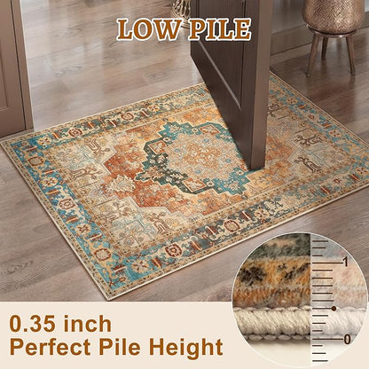 Tangsoo 2.6x8 Washable Runner Rug for Hallways, Non Slip Vintage Runner Rug, Soft Low Pile Long Rug Runner, Print Distressed Orange Carpet Runners for Kitchen Bedroom Entryway Bathroom Living Room
