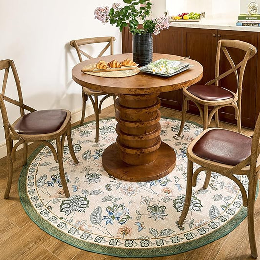 jinchan Elora 6ft Floral Round Rug for Dining Room Washable Living Room Rug Vintage Romance Design Non Slip Indoor Floor Cover Lightweight Low-Profile Throw Carpet for Bedroom Porch Patio, Green/Beige