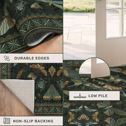 3x4 Unique Entryway Rug - Throw Rug for Large Kitchen, Entry Way, Mudroom, Dark Green and Black Insect Print, Washable Low Pile Floor Carpet
