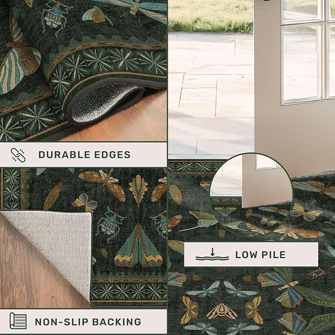 Washable Insect 2x6 Runner Rug for Hallway- Stain Resistant Kitchen Runners, Floral Whimsical Indoor Floor Mat for Bathroom, Soft Non Slip with Rubber Backed, Dark Green