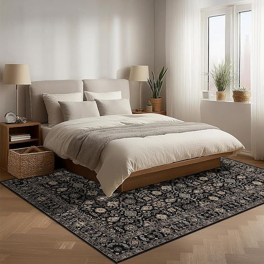 Area Rug Non Slip Machine Washable Ultra Soft Living Room/Bedroom/Kitchen/Outdoor/Classroom Black Gold, 5'×7'