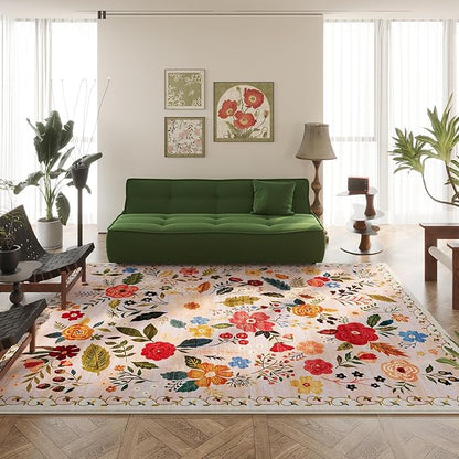Rugcomf Area Rugs 9x12 Living Room Clearance Washable Boho Rug Non Slip Floral Vintage Low Pile Large Rug for Living Room, Bedroom, Farmhouse, Dining Room, Kids Playroom(Beige)