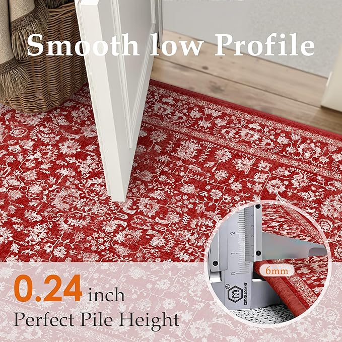 Christmas Runner Rug 2x6 Red Washable Hallway Carpet Retro Floral Holiday Decorative Non Slip Low Pile Soft Throw Long Xmas Rug for Kitchen Bedroom Bathroom