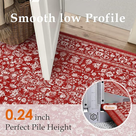 Christmas Area Rug 6x9 Red Washable Living Room Carpet Vintage Floral Holiday Decor Indoor Bedroom Accent Rug Decorative Non Slip Low Pile Xmas Carpet for Dining Room Office Playroom