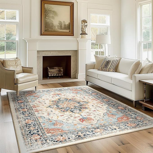 Area Rugs Square 8ft Washable Non-Slip, Floral Vintage Distress Print Pattern Medallion Carpet for Living Room Bedroom Dining Room, Beige Navy Blue Orange Colorful