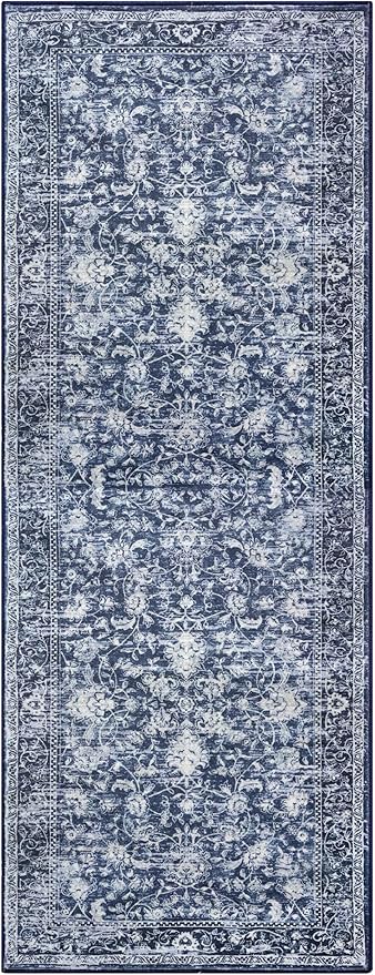 KILOCOCO Runner for Hallway 2.6x10 Runner Rug Printed Vintage Floral Washable Rug Kitchen Runners Soft Non-Slip Low Pile Hallway Runners Laundry Room Distressed Boho Rugs, Blue
