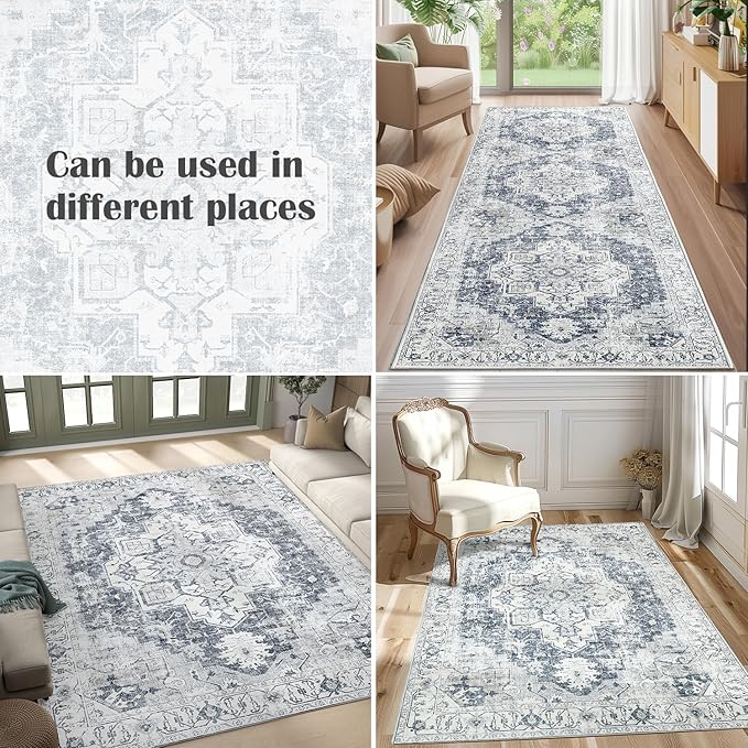 jinchan Kelda Area Rug 5x7 Washable Bedroom Rug Vintage Indoor Floor Cover Distressed Lightweight Non-Slip Low Pile Thin Mat Accent Stain Resistant Carpet for Living Room Dining Room Office Grey