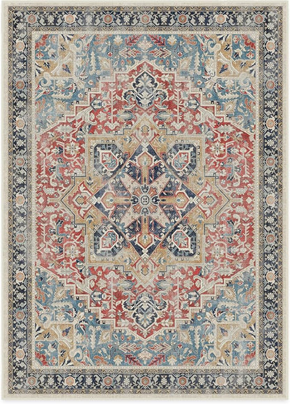 RUGGABLE Washable Vintage Area Rug – Kamran Cayenne Red 10x14, Stain-Resistant, Non-Slip – Large Machine Washable Rugs for Living Room, Bedroom, Hallway, Entryway & Office–with Standard Pad