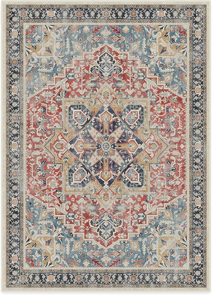 RUGGABLE Washable Vintage Area Rug – Kamran Cayenne Red 10x14, Stain-Resistant, Non-Slip – Large Machine Washable Rugs for Living Room, Bedroom, Hallway, Entryway & Office–with Cushioned Pad