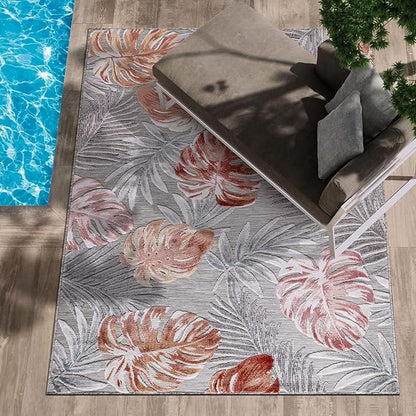 CAMILSON Indoor Outdoor Rug, Mult 10’x14’ Leaf Tropical Botanical Area Rugs for Indoor and Outdoor patios, Easy-Cleaning Non-Shedding Living Room, Garden and Kitchen Washable Outside Carpet (10x14)