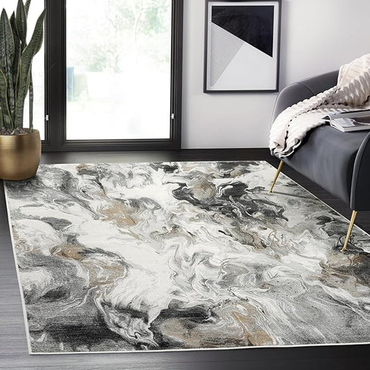 Abani Regal Collection Area Rug - Abstract Grey Black Marble Swirl Design - 10' x 14' - for Living Room, Bedroom & Office Washable